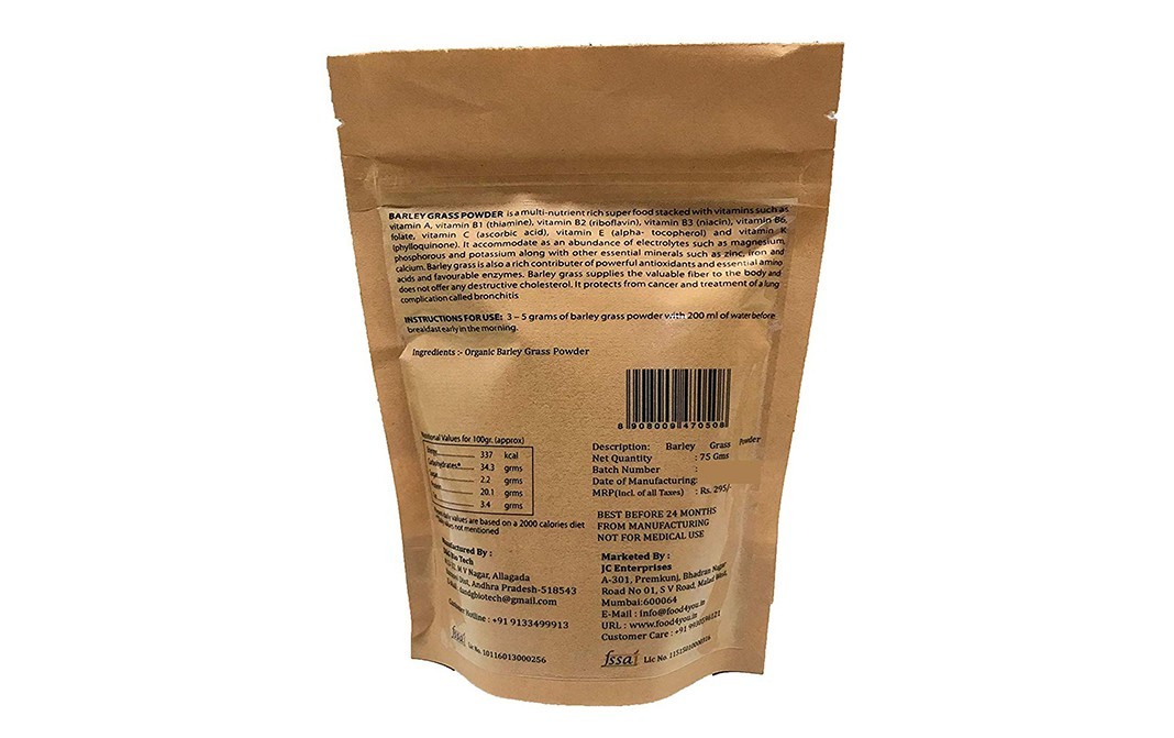Food 4 You Organic Barley Grass Powder (Raw Natural)    Pack  75 grams